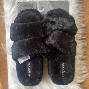 New fuzzy black slippers by rockin (ugg knockoffs)